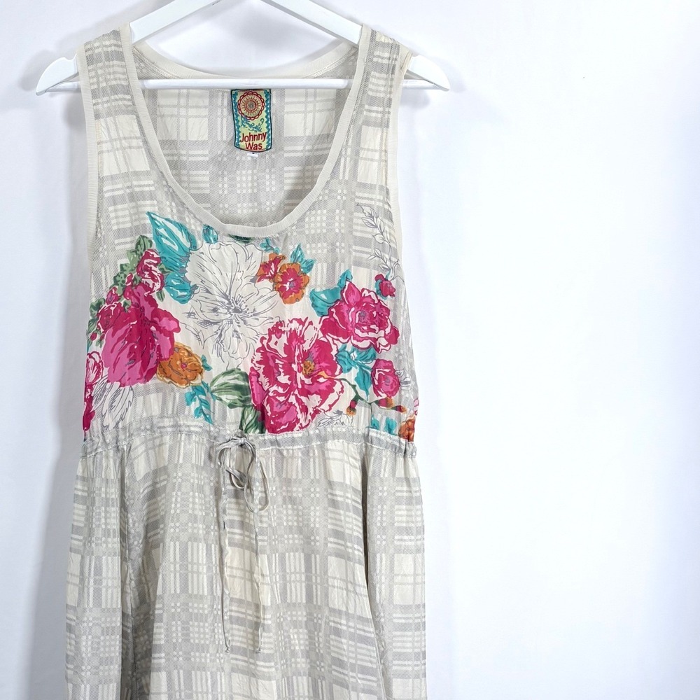 Johnny Was Silk Plaid Floral Print‎ Tank Dress Women's Small Boho Summer Luxury